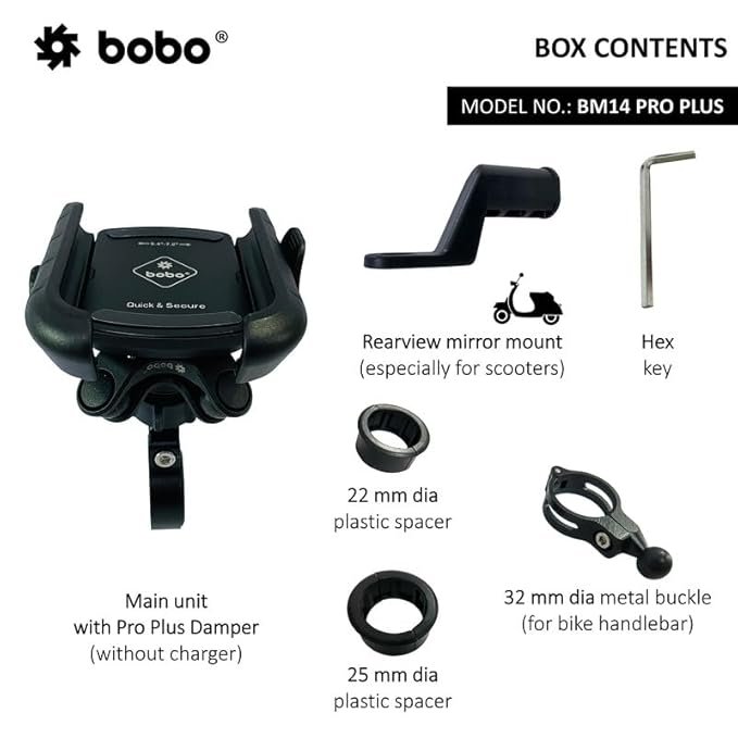 BOBO BM14 PRO Plus Quick Release with PRO Plus Vibration Damper Waterproof Bike/Motorcycle/Scooter Mobile Phone Holder Mount, Ideal for Maps and GPS Navigation