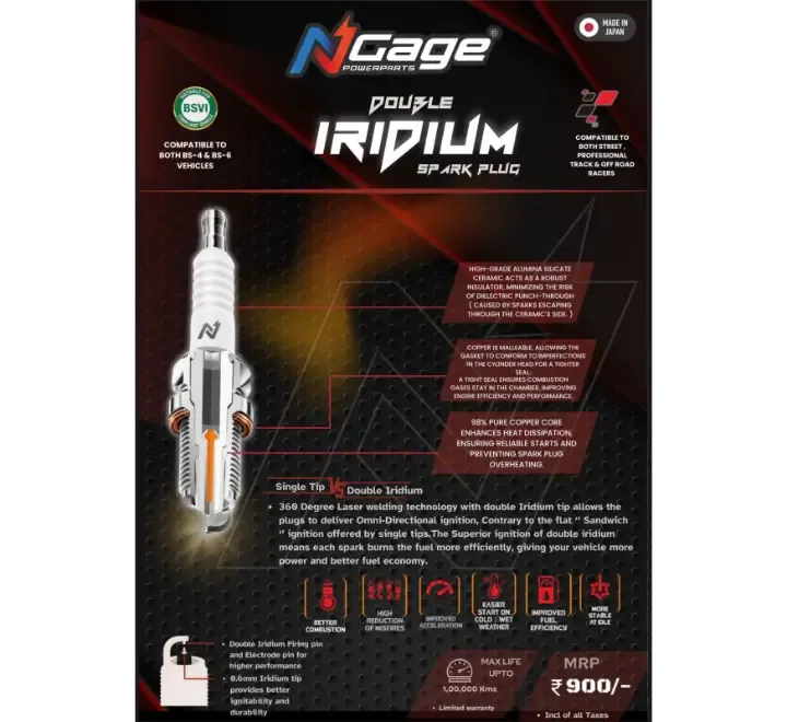 NGage Double Iridium Spark Plugs for -VH8RTII-9 COMPATIBLE FOR BOTH BS-4 & BS-6 VEHICLES